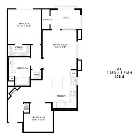 Floor plan for 1 bed, 1 bath, 958 sqft